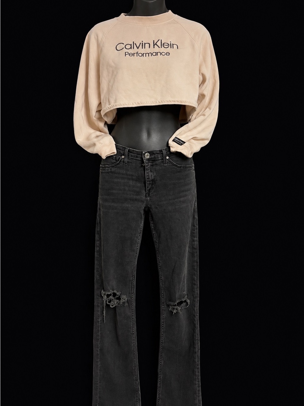 Calvin Klein Beige Sweatshirt + H&M Black Distressed Flare Jeans Set